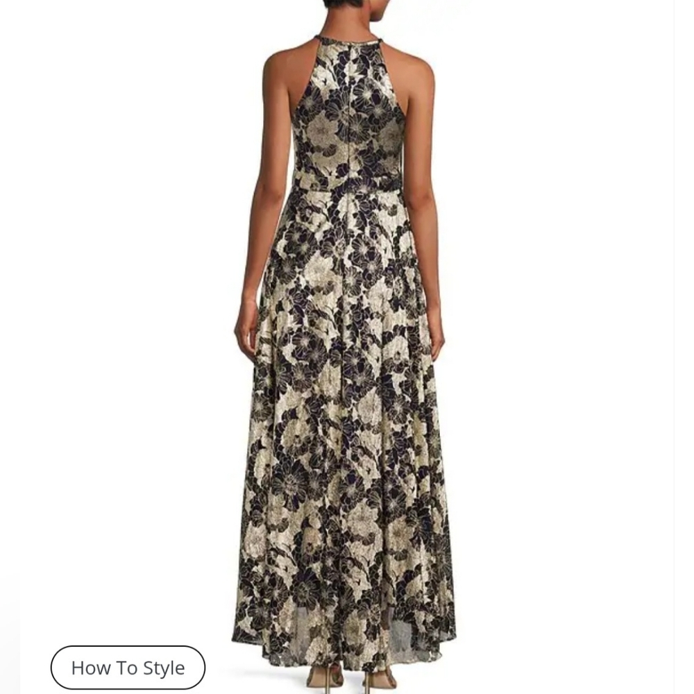 Betsy & Adam  Metallic Crinkle Sleeveless Halter Neck Foil Floral Print A-Line G - Picture 3 of 12